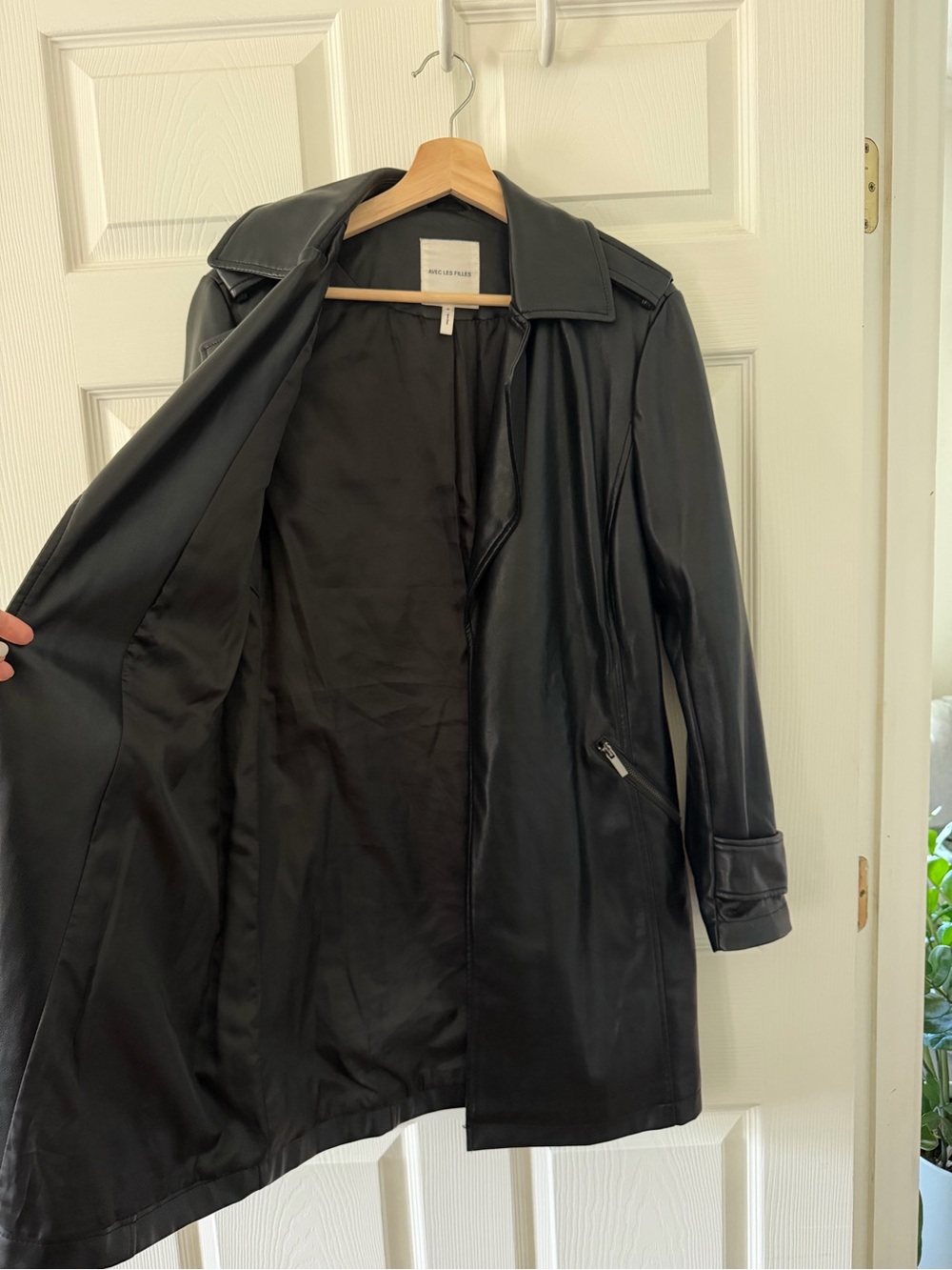 Black Faux Leather Trench Coat with Zip Pockets - Picture 4 of 4
